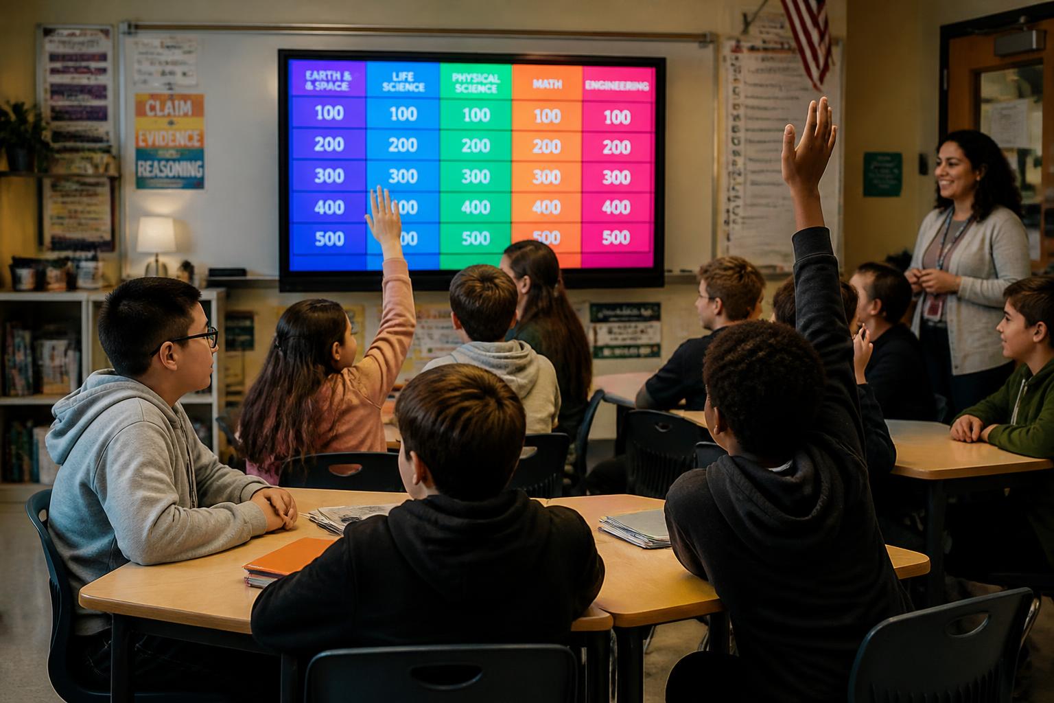 Middle school students in teams answering a Jeopardy-style quiz board on a classroom TV