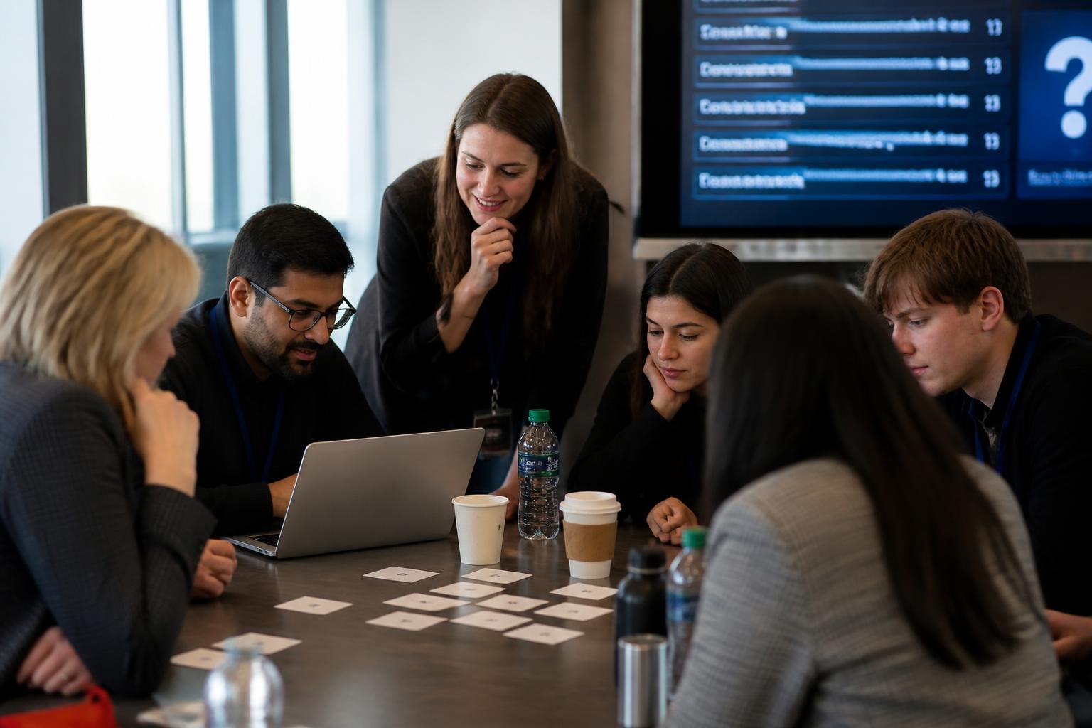A team playing a recall-based trivia game together around a table with a quiz board on screen