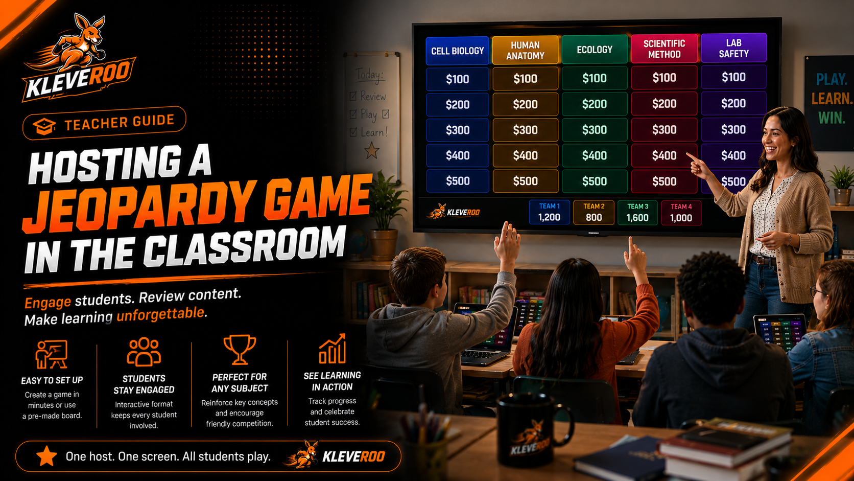 Teacher hosting a Jeopardy-style game on a classroom screen with students raising hands