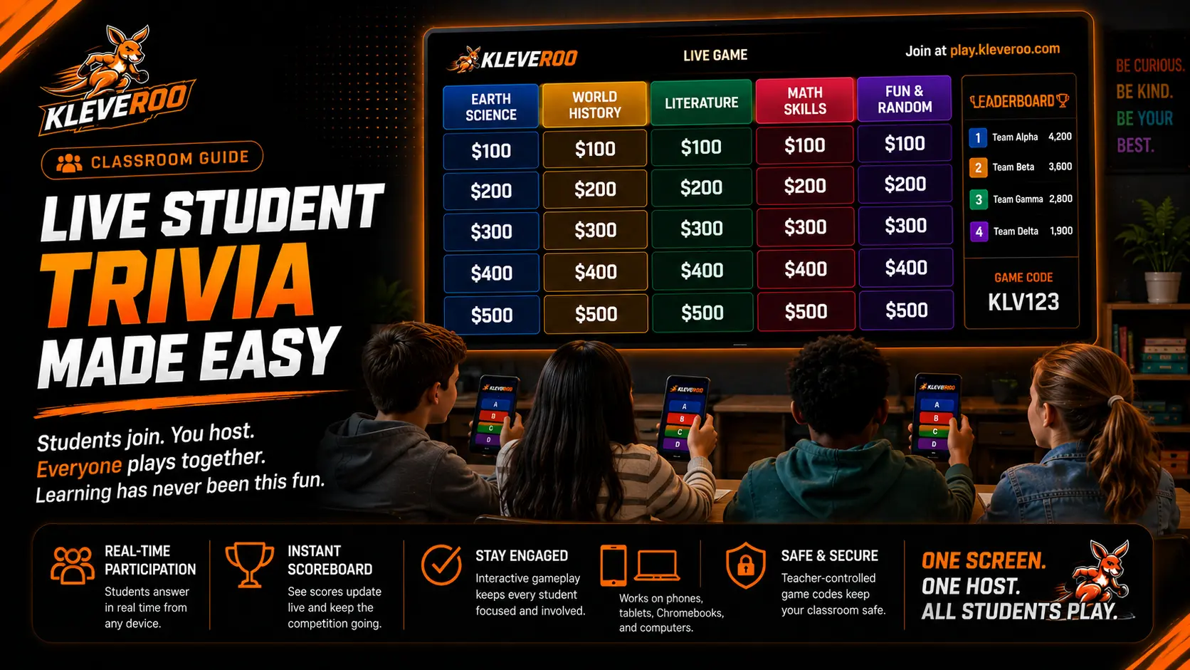 Live student trivia game running on a classroom display